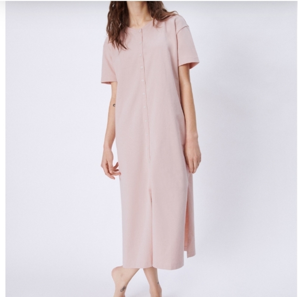 ZARA Light Pink Short Sleeve Long Button Casual Dress Sz-S - Picture 1 of 9